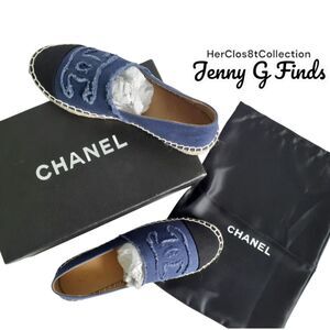 Chanel Blue Black Cap Toe Linen Canvas CC Espadrilles NIB EU38 US7.5Authentic